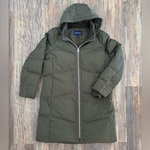 Lands’ End Hooded Quilted Down Puffer Jacket XL Olive Green 38” Long Two-Way Zip